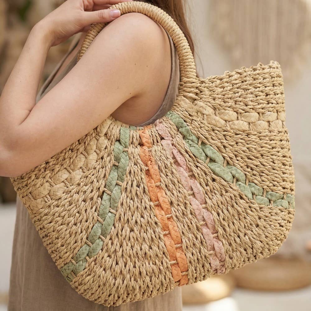Striped Straw Weave Handbag